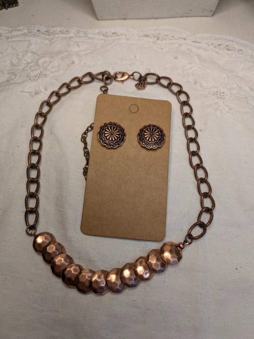 Premier Designs Copper Tone Necklace & Coordinating Stud Earrings Set